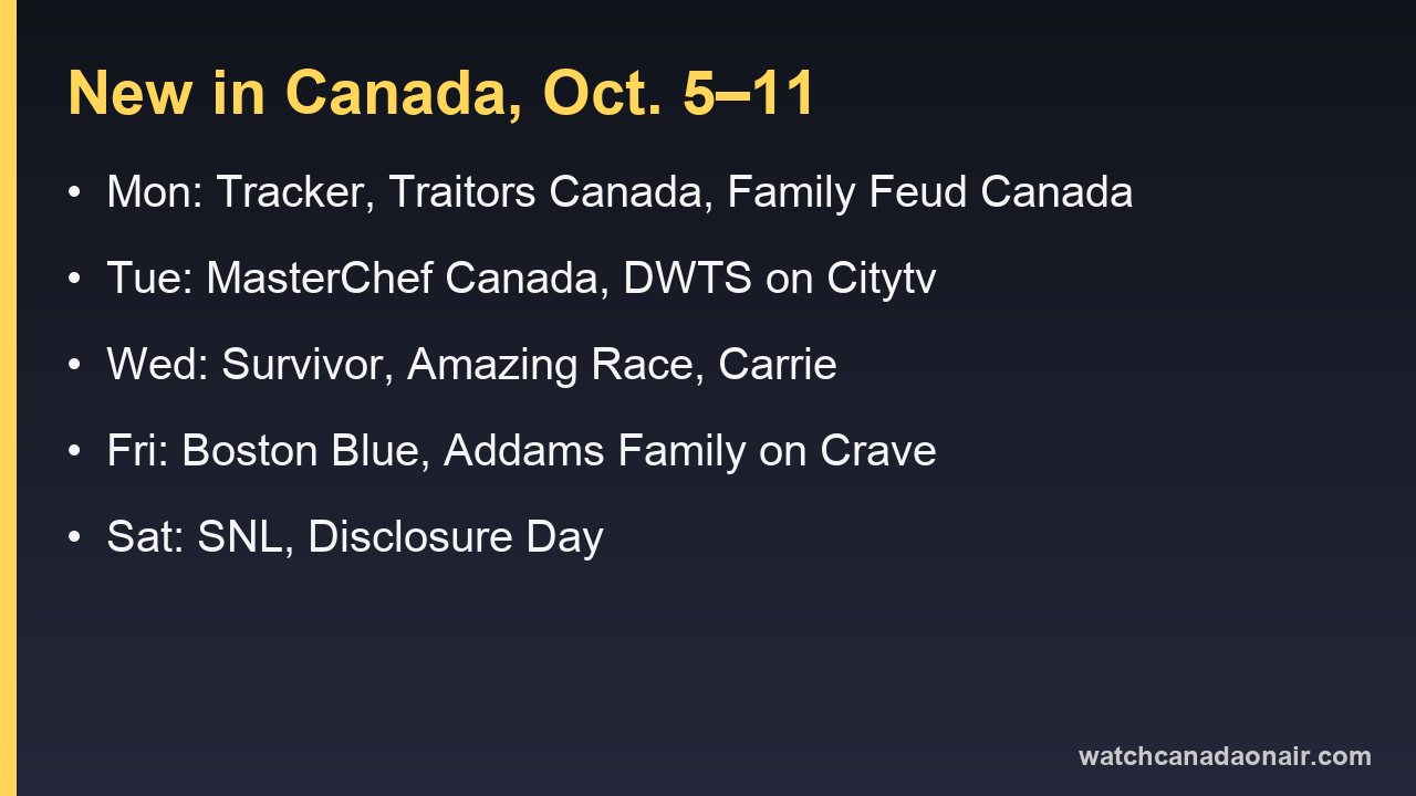 Information card listing new TV and streaming in Canada from Oct. 5 to 11, 2026