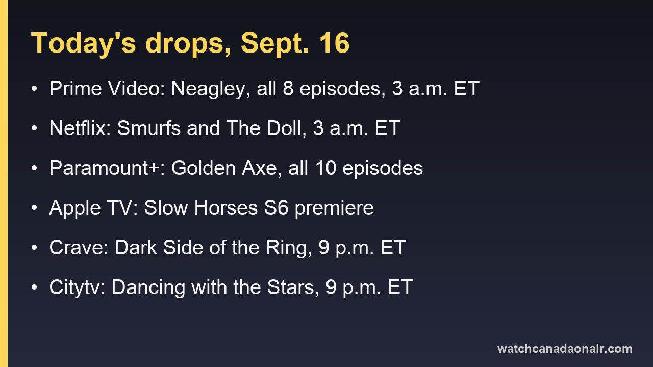 Information card listing what arrives on Canadian streaming services on September 16, 2026