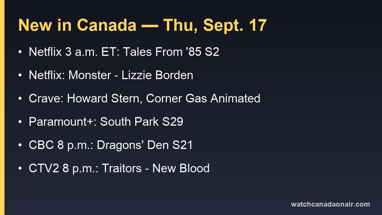 Information card listing the streaming and broadcast titles arriving in Canada on September 17, 2026