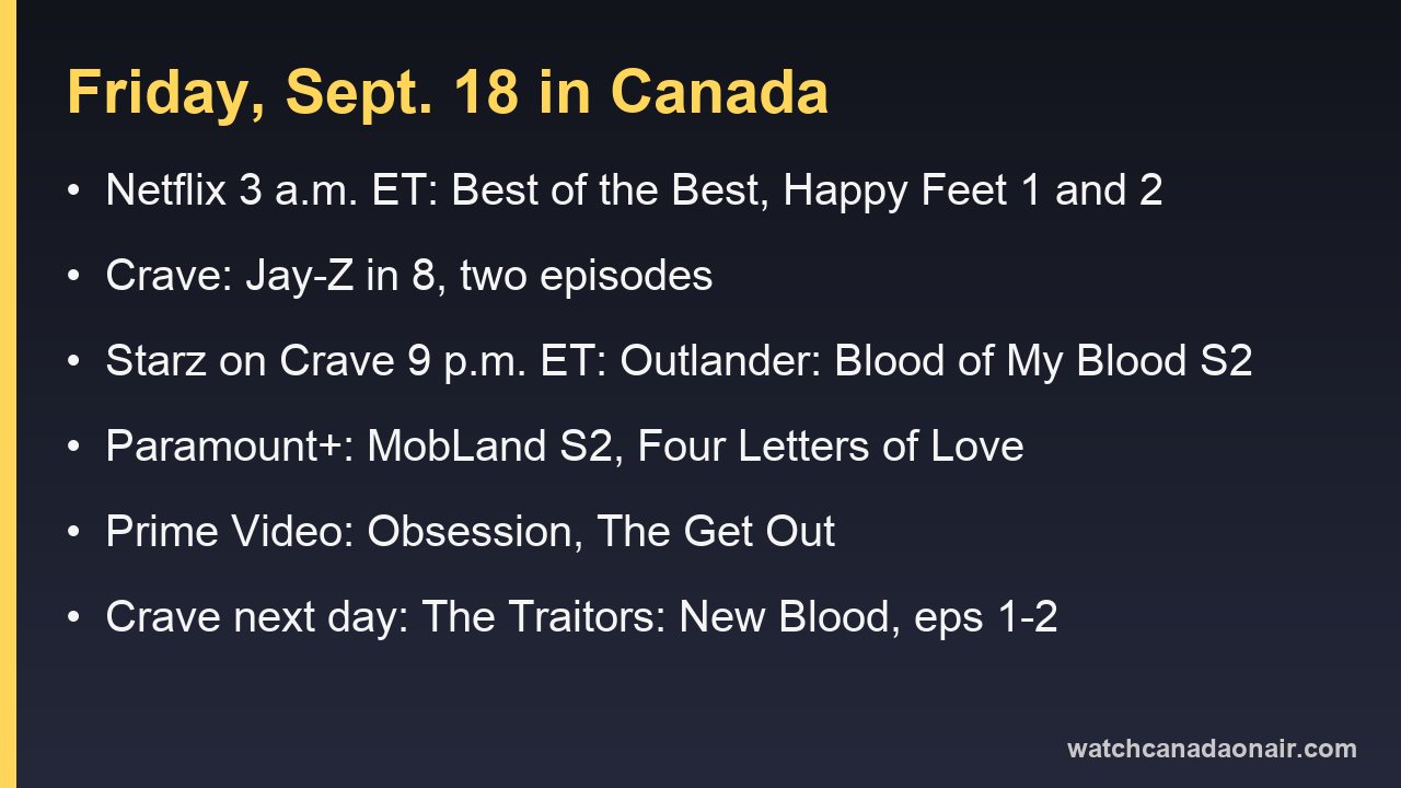 Information card listing the streaming titles arriving in Canada on Friday, September 18, 2026