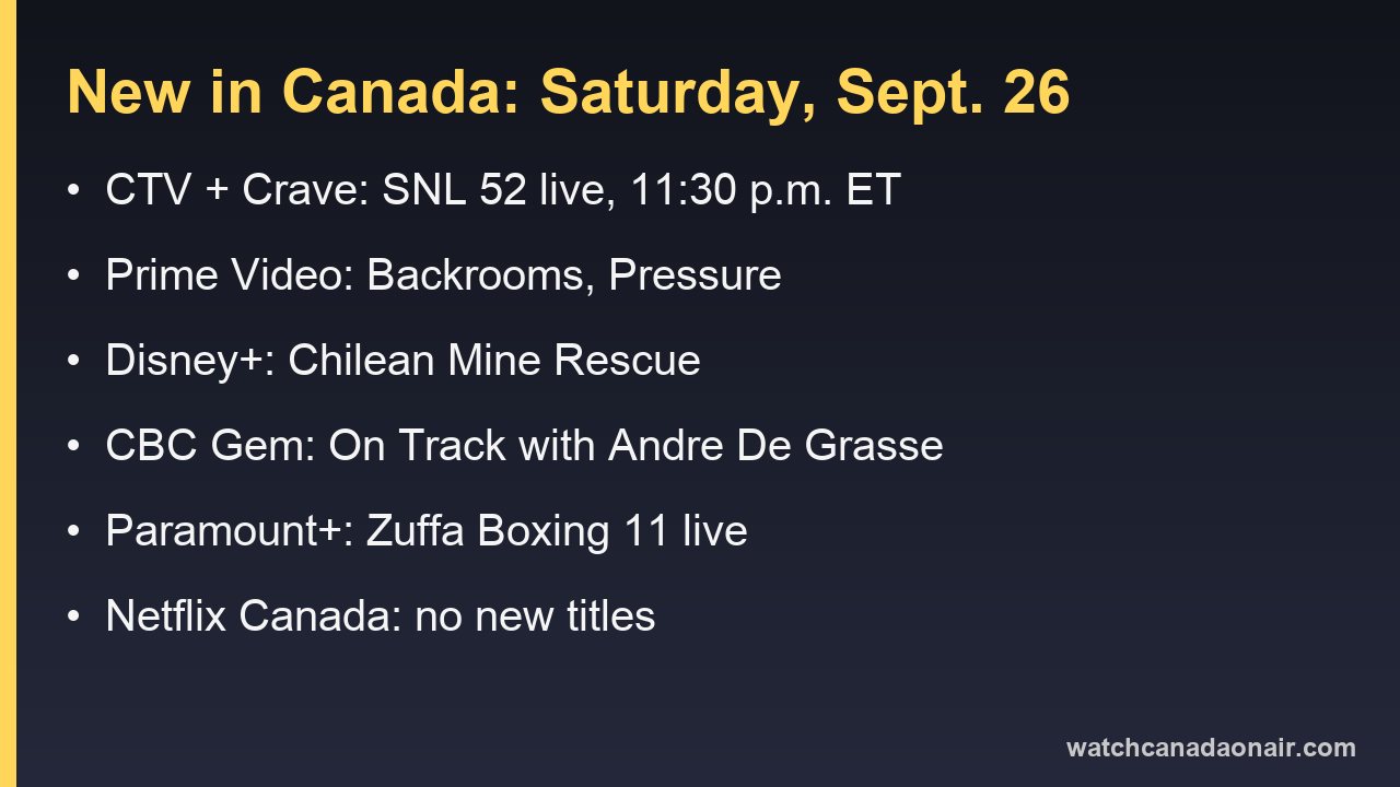 Information card listing what is new in Canada on Saturday, September 26, 2026, service by service