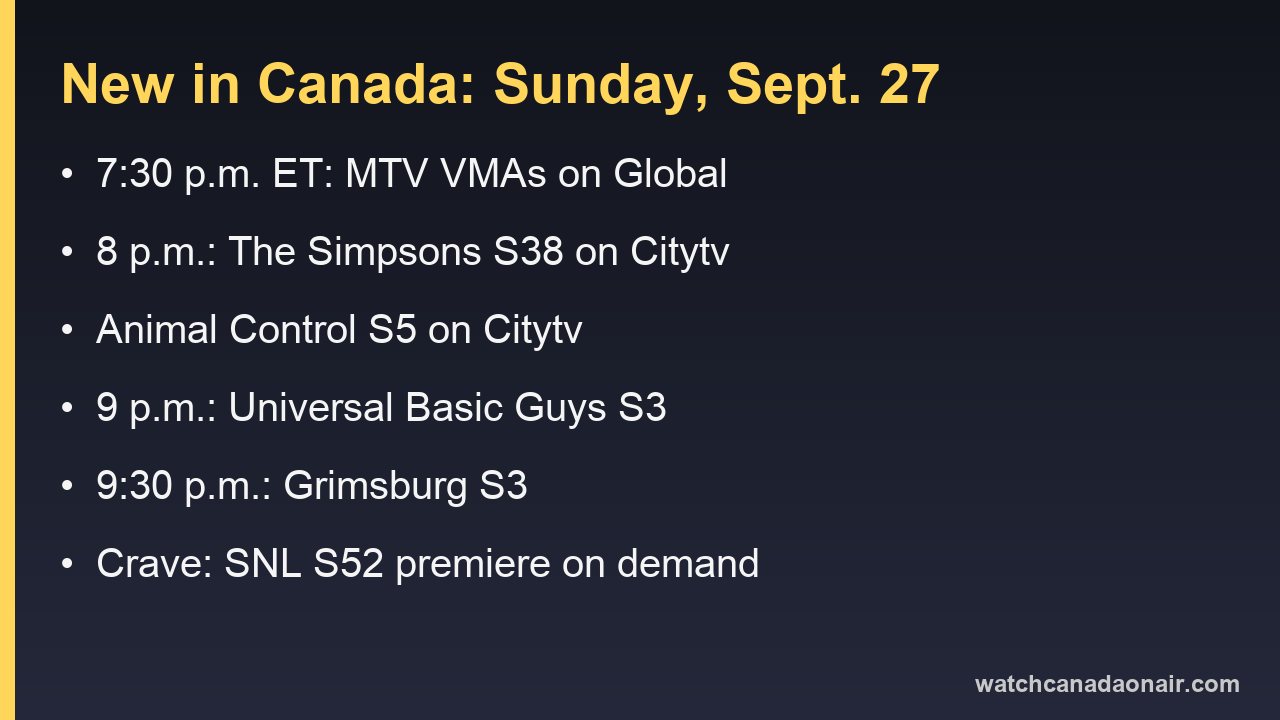 Information card listing what is new in Canada on Sunday, September 27, 2026, by channel and service