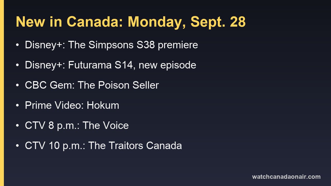 Information card listing what is new in Canada on Monday, September 28, 2026, by service