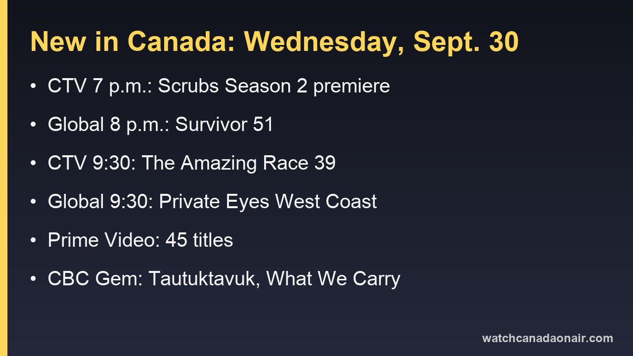 Information card listing what is new in Canada on Wednesday, Sept. 30: The Amazing Race 39 and Private Eyes West Coast at 9:30 p.m., Scrubs at 7 p.m., 45 Prime Video titles and three CBC Gem films