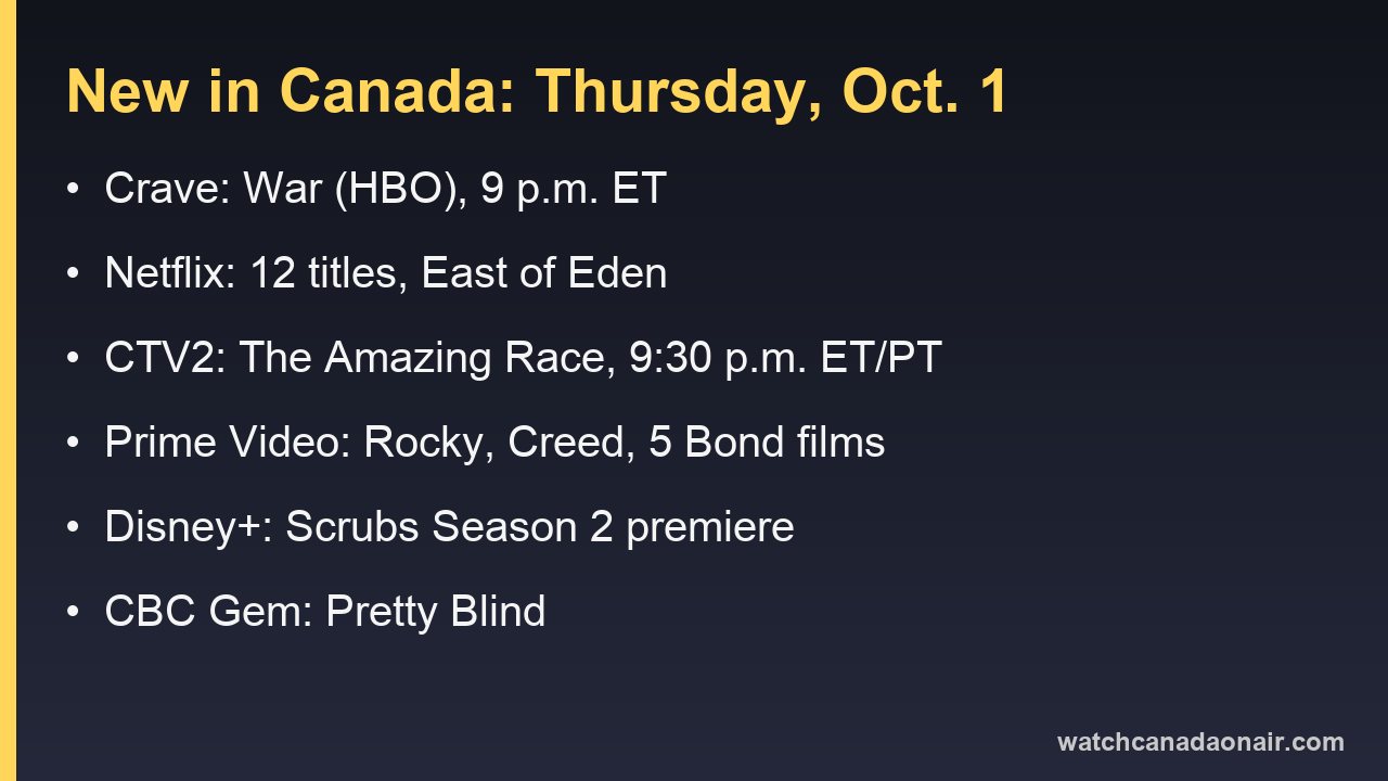 Information card for Thursday, Oct. 1 in Canada: War on Crave at 9 p.m. ET, 12 Netflix titles, The Amazing Race on CTV2 at 9:30 p.m., Rocky and Creed films on Prime Video