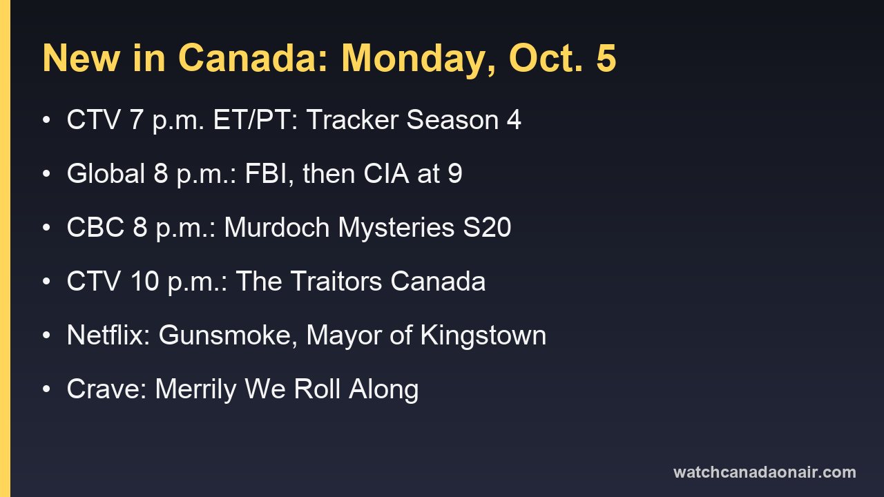 Information card for Monday, Oct. 5 in Canada: Tracker Season 4 on CTV, FBI and CIA on Global, Murdoch Mysteries Season 20 on CBC, Gunsmoke and Mayor of Kingstown on Netflix, Merrily We Roll Along on Crave