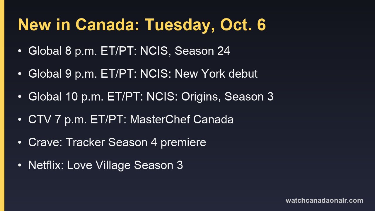 Information card for Tuesday, Oct. 6 in Canada: NCIS Season 24, NCIS: New York and NCIS: Origins on Global, MasterChef Canada on CTV, Tracker Season 4 on Crave, Love Village Season 3 on Netflix