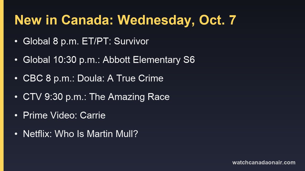 Information card for Wednesday, Oct. 7 in Canada: Survivor and Abbott Elementary on Global, Doula: A True Crime on CBC, The Amazing Race on CTV, Carrie on Prime Video, Who Is Martin Mull? on Netflix
