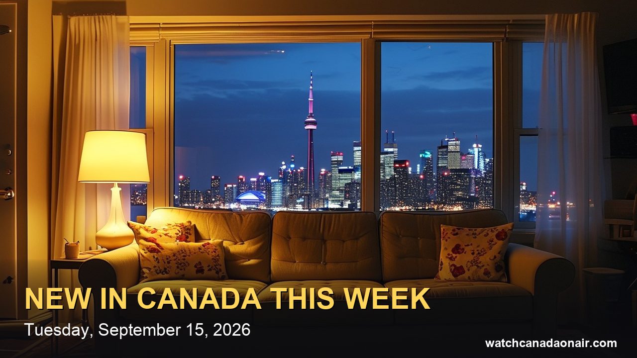 A small apartment couch facing a glowing TV at night with the Toronto skyline in the window