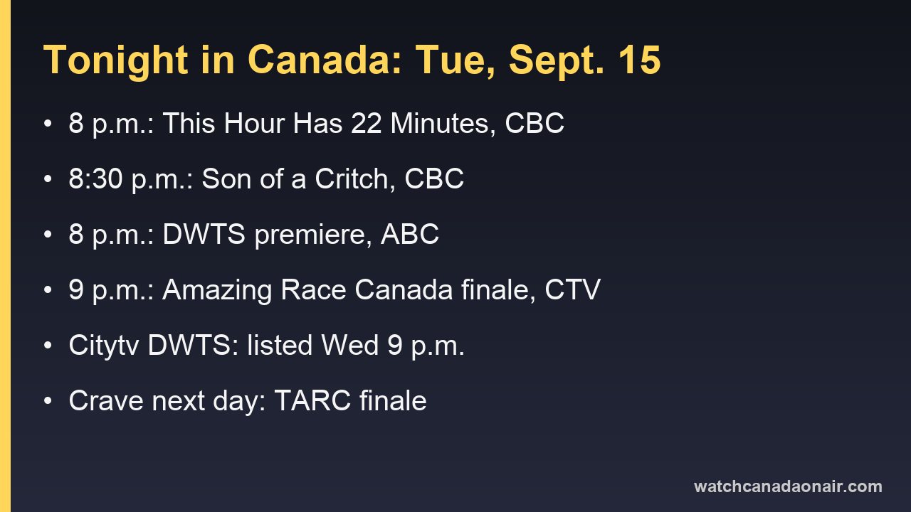 Information card with tonight's Canadian TV times for Tuesday, Sept. 15
