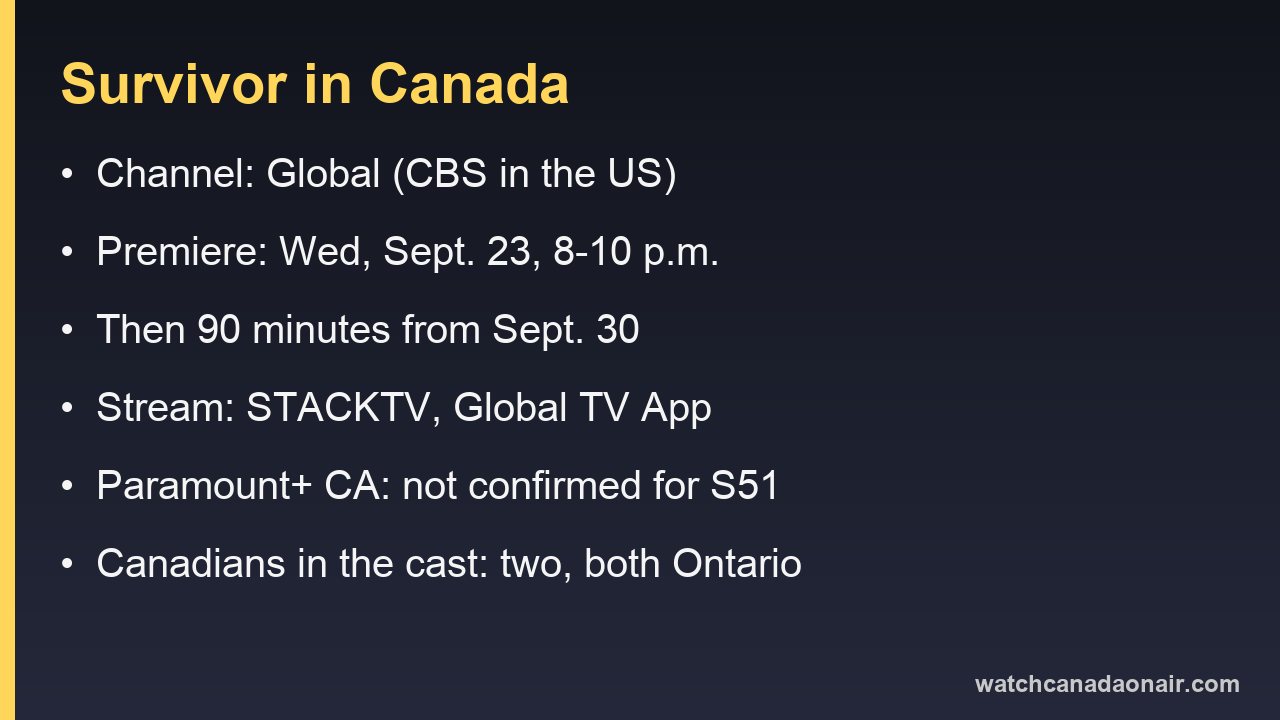 Information card listing the Canadian channel, premiere date, episode length and streaming options for Survivor in Canada