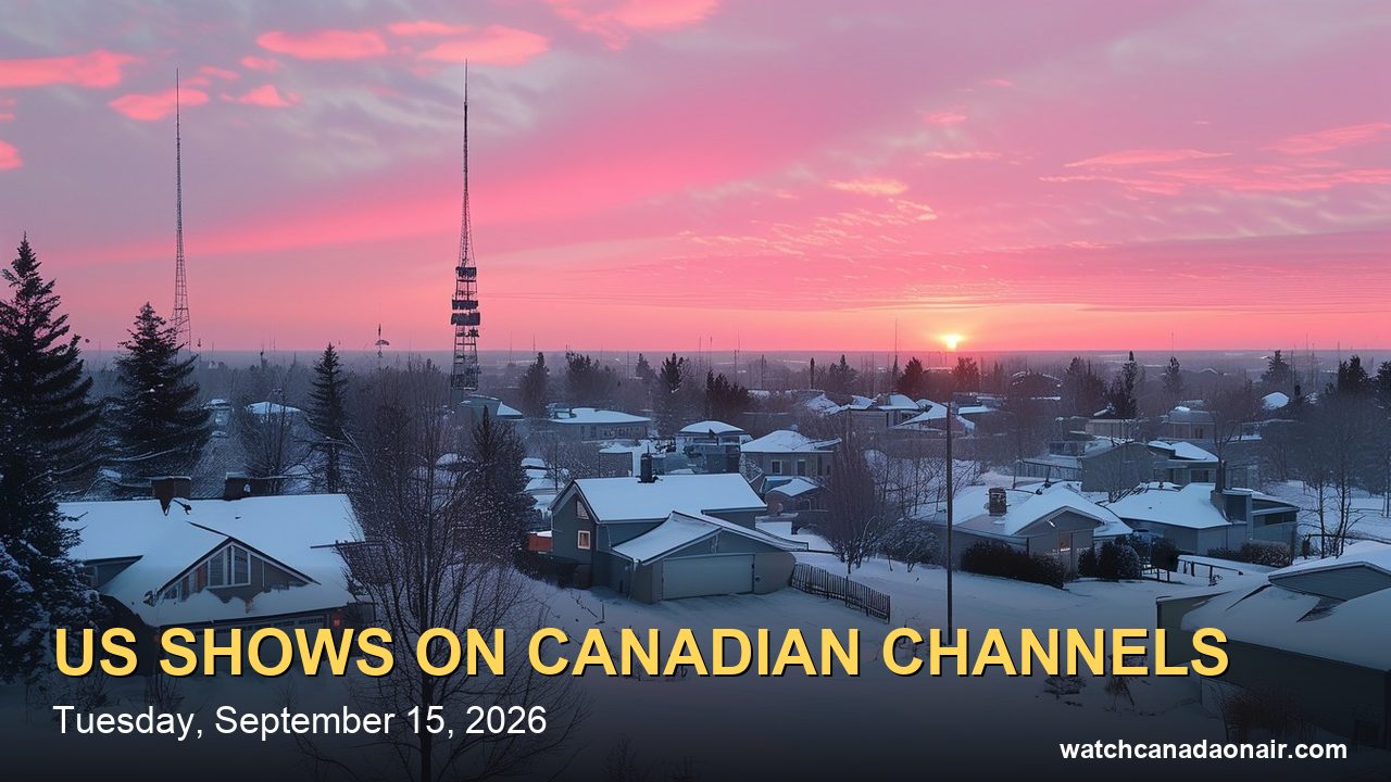 A rooftop television antenna against a pink sunset over a snowy Canadian suburb